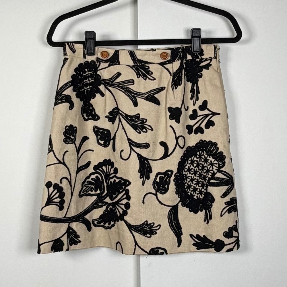 Vanessa Virginia Anthropologie Black Beige Embroidered Floral A-Line Skirt 4